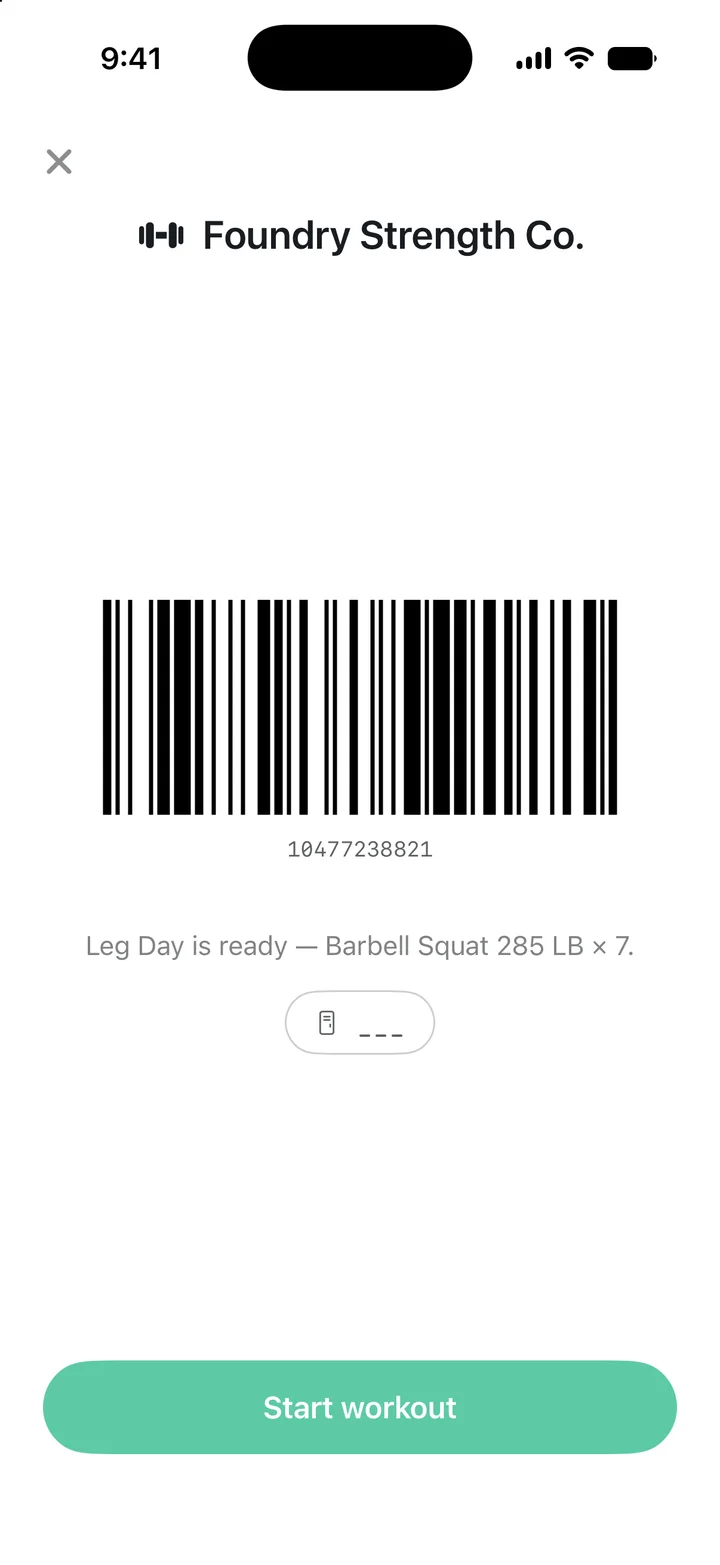 Check-in card: Foundry Strength Co. with a scannable Code 128 barcode and Start workout button