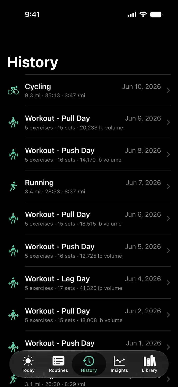 History: workouts and cardio interleaved — Cycling 9.3 mi, Pull Day 20,233 lb volume, Running 3.4 mi