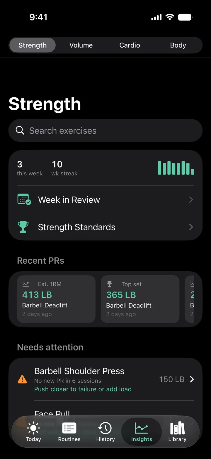 Strength insights: 10-week streak, recent PRs including Deadlift e1RM 413 lb, and a Needs attention section