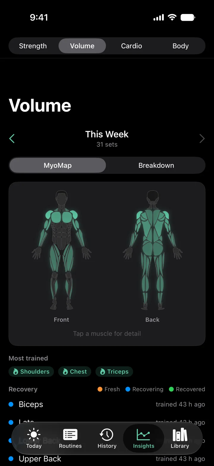 MyoMap heatmap: front and back body figures shaded by this week's training volume, 31 sets