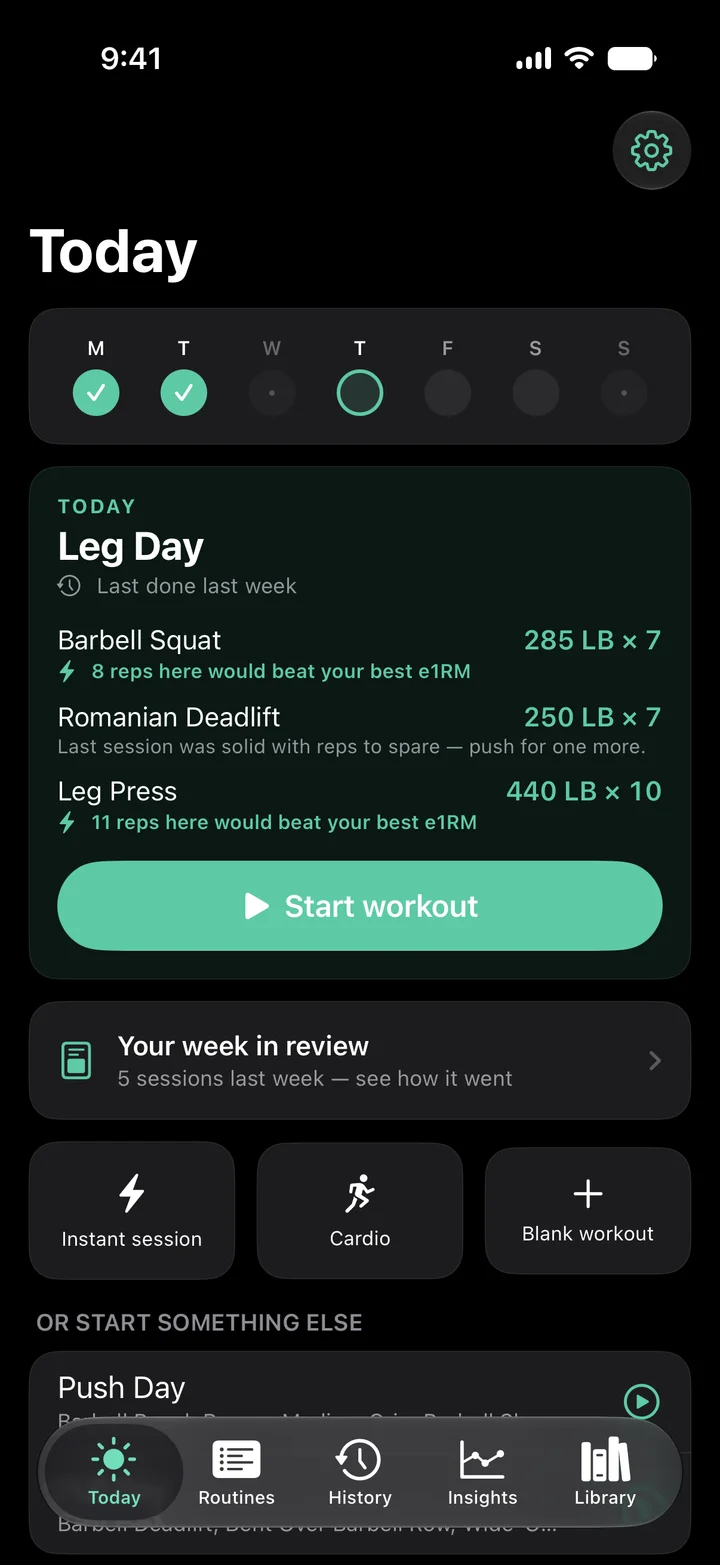 MyoAmigo Today screen: this week's plan strip, Leg Day ready with Barbell Squat 285 lb × 7, and a Start workout button