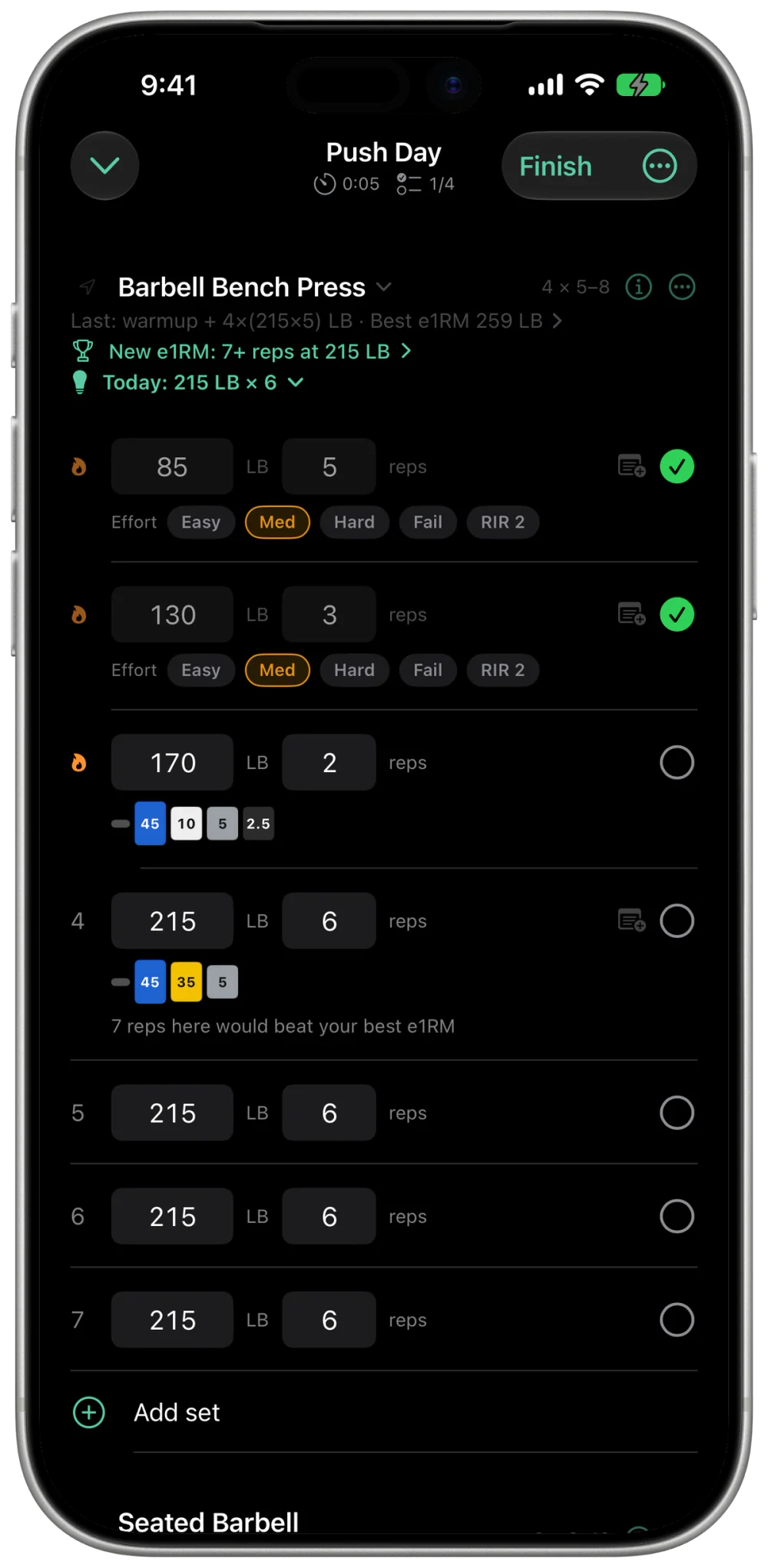 MyoAmigo live workout on iPhone: Barbell Bench Press warm-ups logged, 215 lb × 6 working sets pre-filled with plate breakdown, and one-tap effort ratings