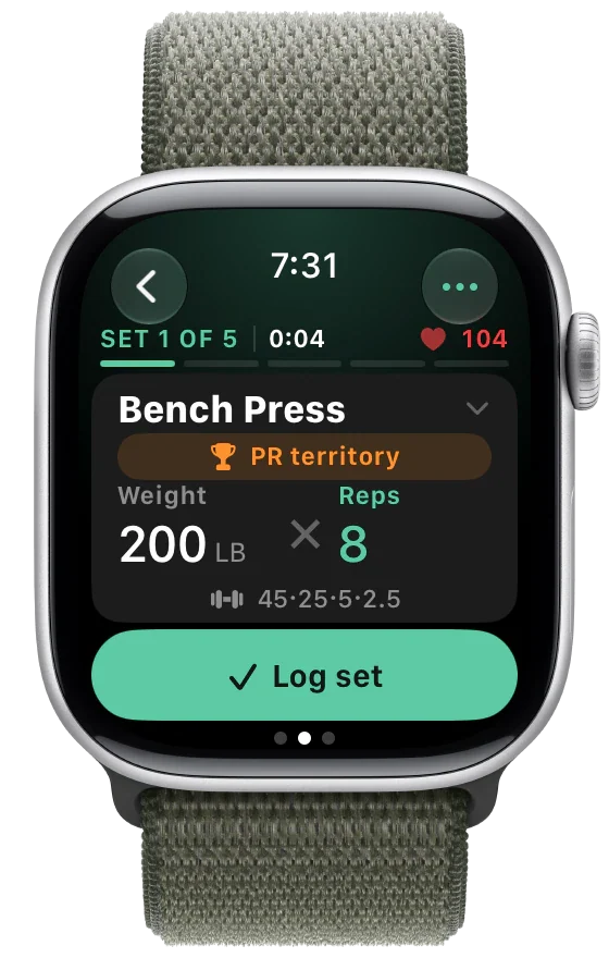 Apple Watch set screen flagging PR territory: Bench Press at 200 lb × 8