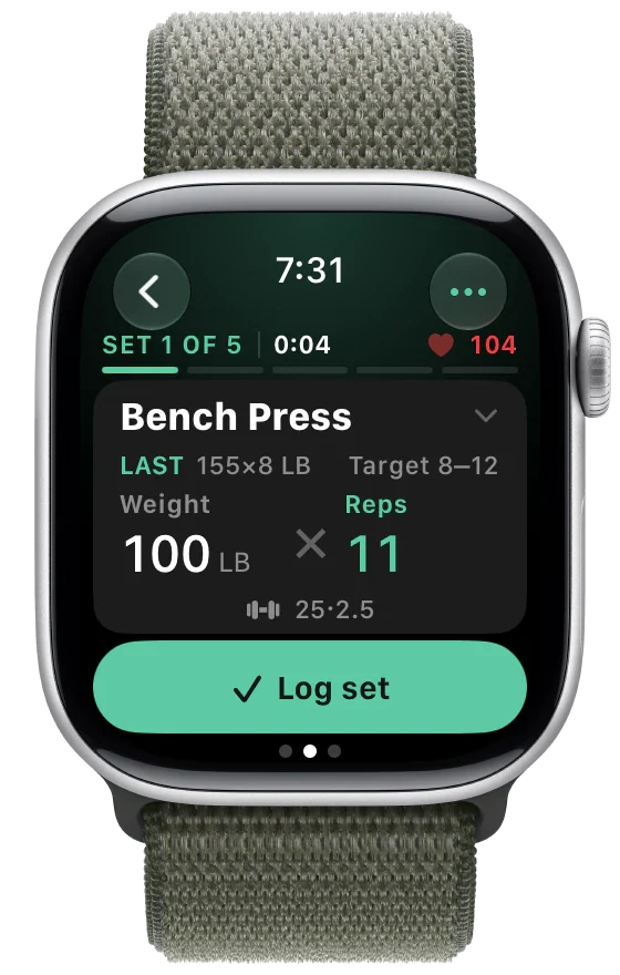 MyoAmigo on Apple Watch: set 1 of 5 at 100 lb × 11 with heart rate and a Log set button