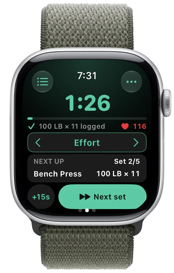 Apple Watch after logging 100 lb × 11: the rest timer with the Effort picker to rate how hard the set was