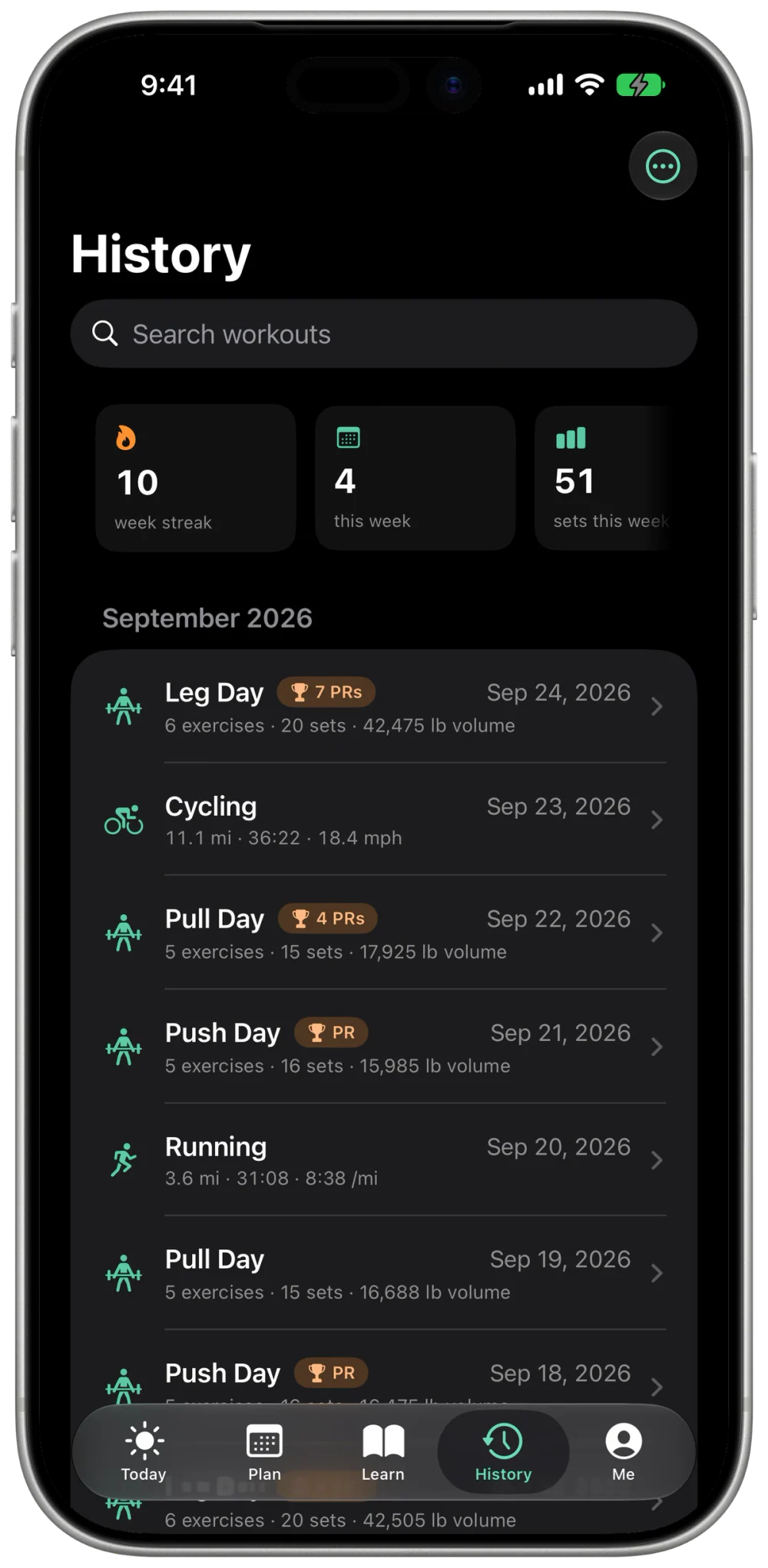 Workout history: a 10-week streak, and September's lifting sessions with PR badges interleaved with runs and rides