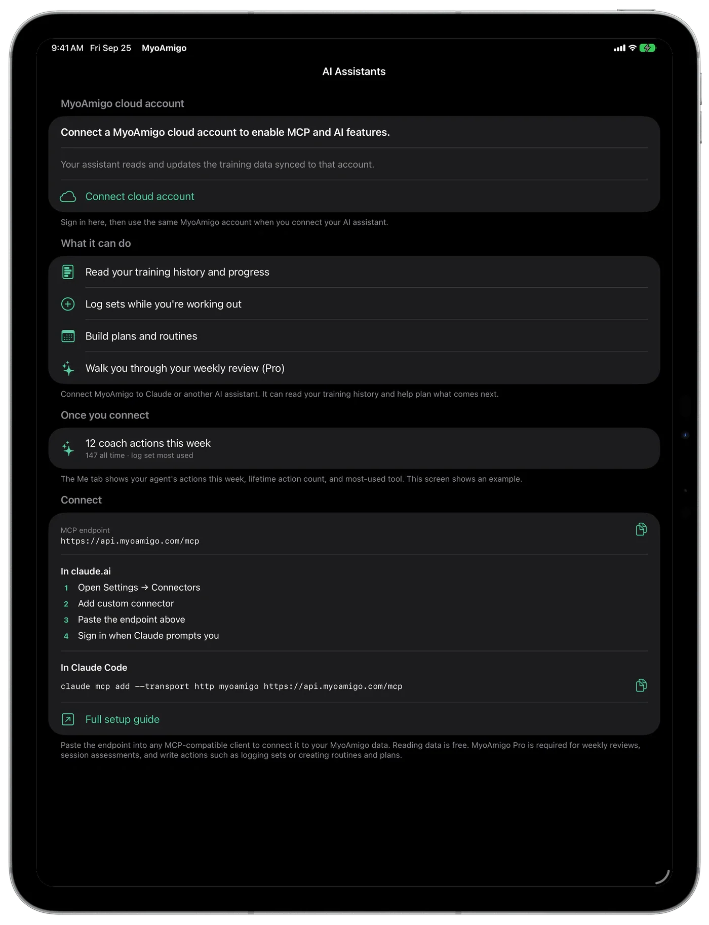 MyoAmigo KI-Assistenten auf dem iPad: was ein verbundener Assistent kann, der MCP-Endpunkt und die Einrichtungsschritte für Claude