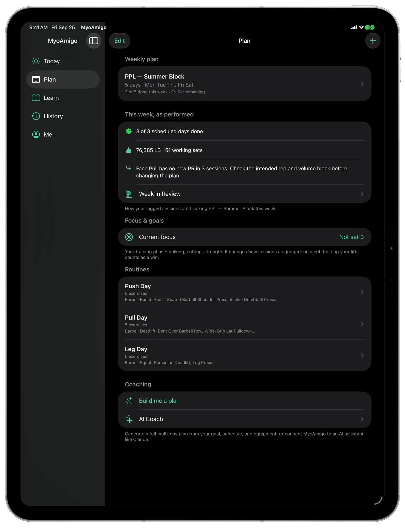 MyoAmigo Plan tab on iPad: a five-day PPL block, this week's adherence, routines, and coaching entry points
