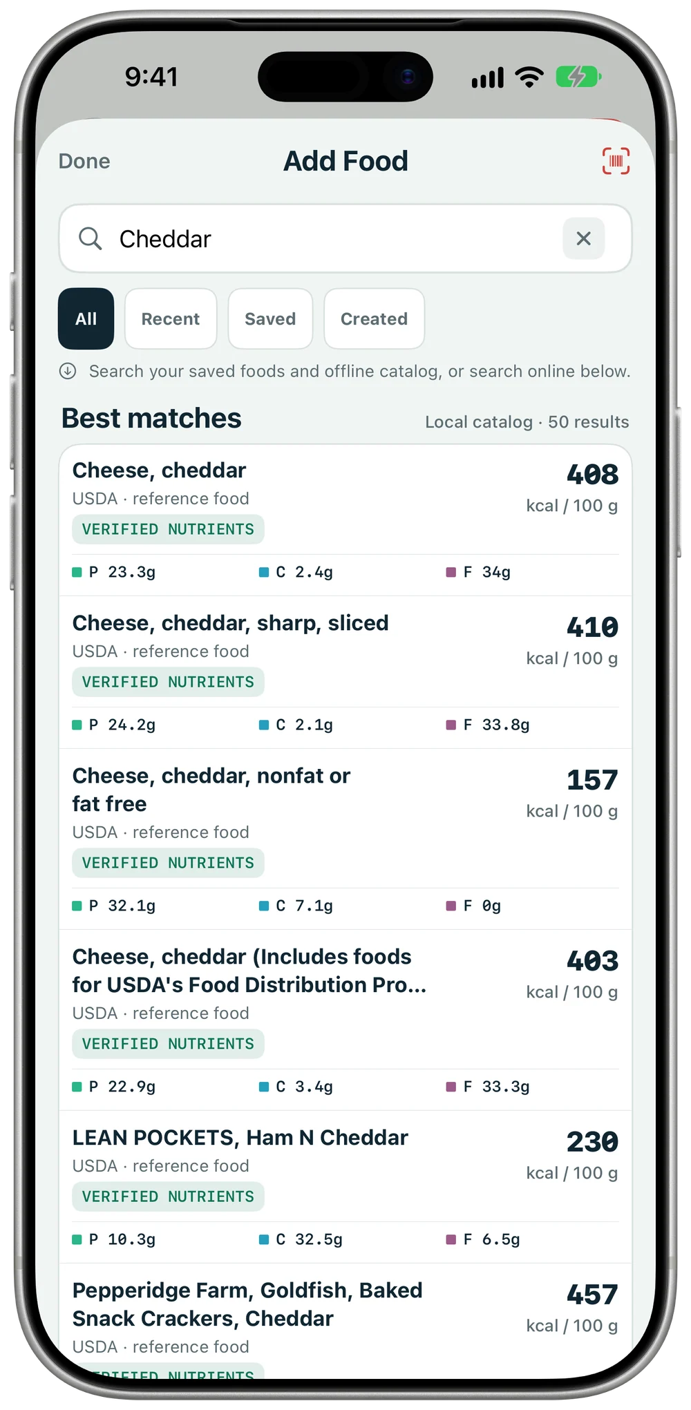 Macros Add Food search for cheddar: USDA catalog results with calories per 100 g, a Verified nutrients label, and protein, carbs, and fat for each