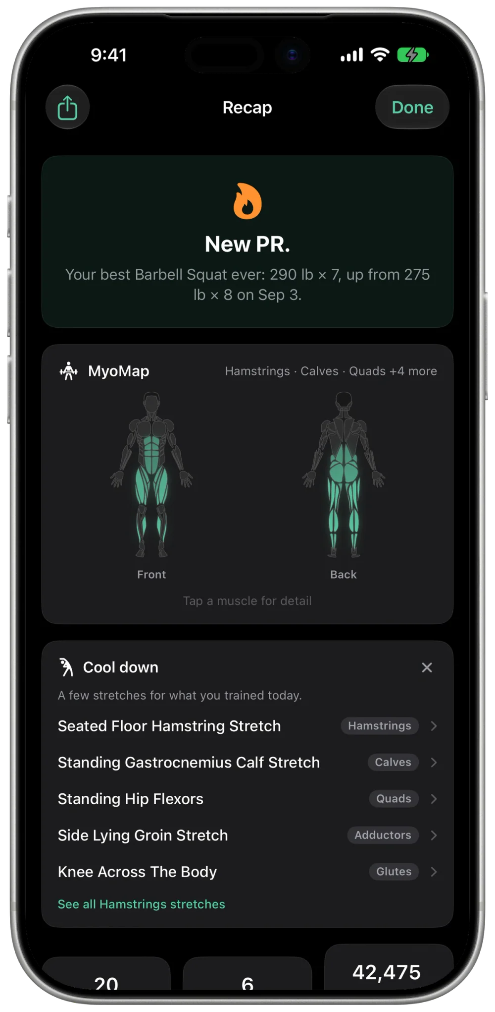Workout recap: a new Barbell Squat PR of 290 lb × 7 called out, the session's MyoMap muscle heatmap, and suggested cool-down stretches