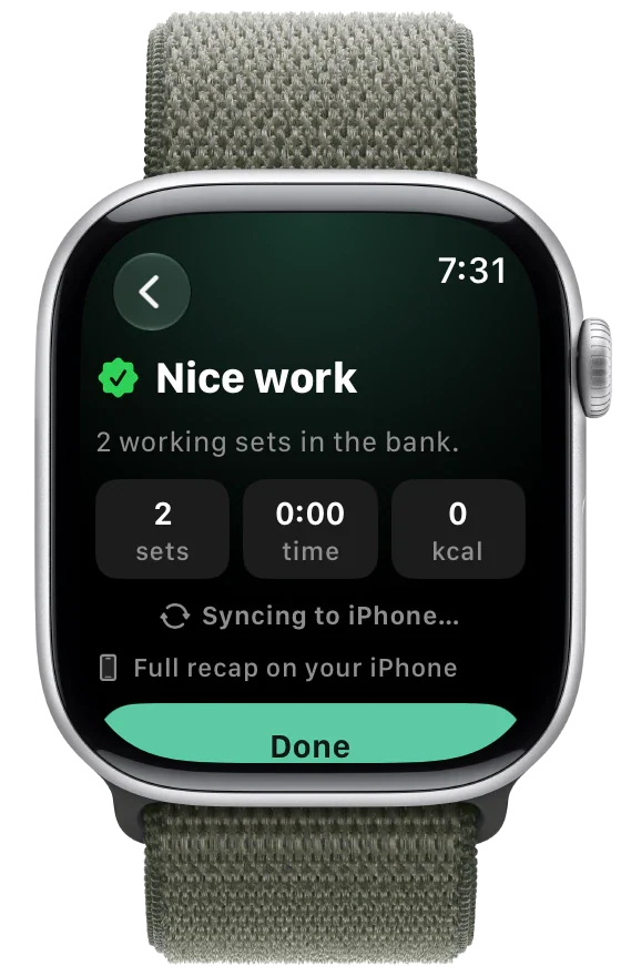 Apple Watch workout summary: Nice work, 2 working sets in the bank, synced to iPhone