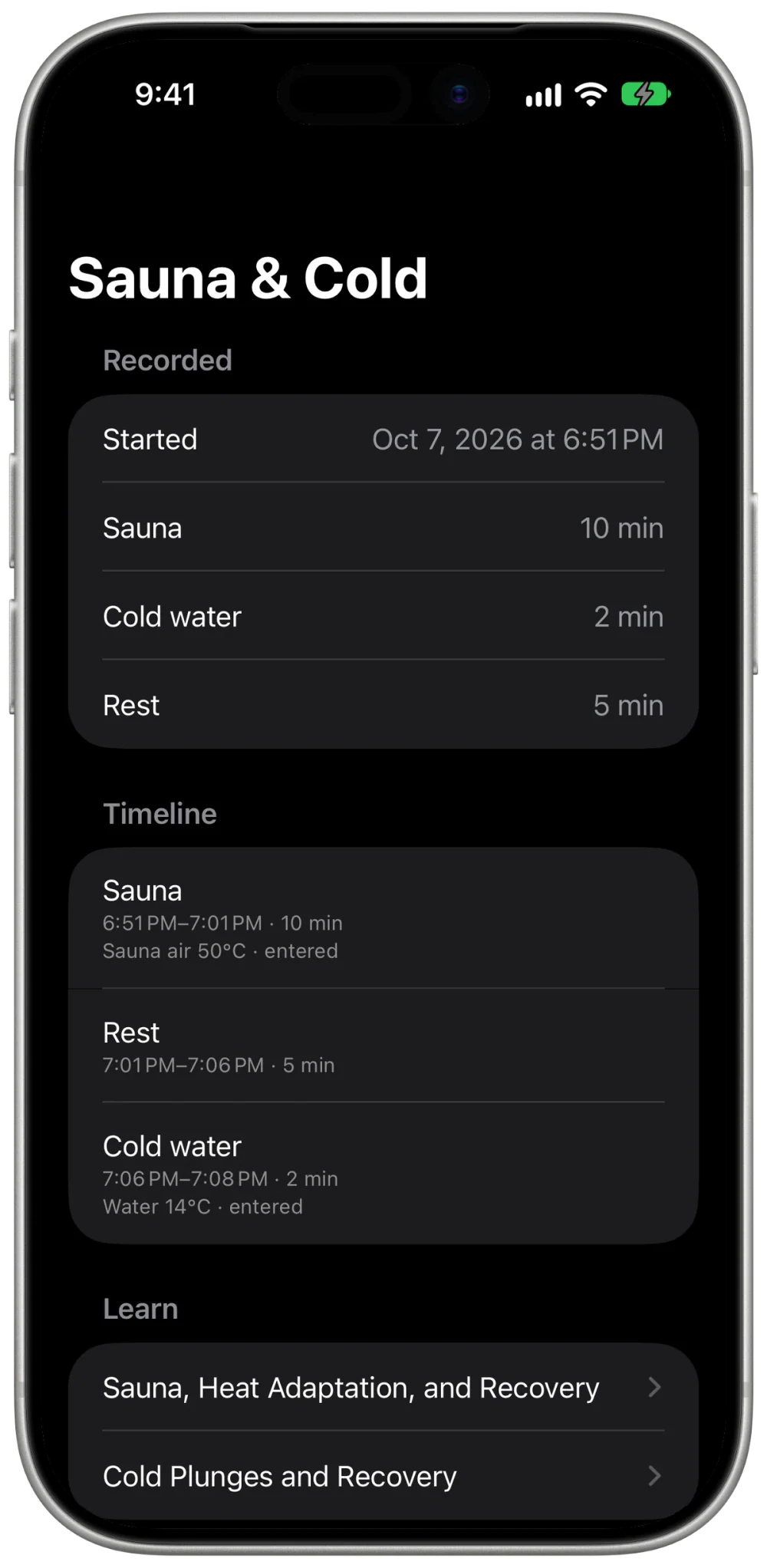 MyoAmigo thermal recap showing separate sauna, cold-water and rest durations and a phase timeline