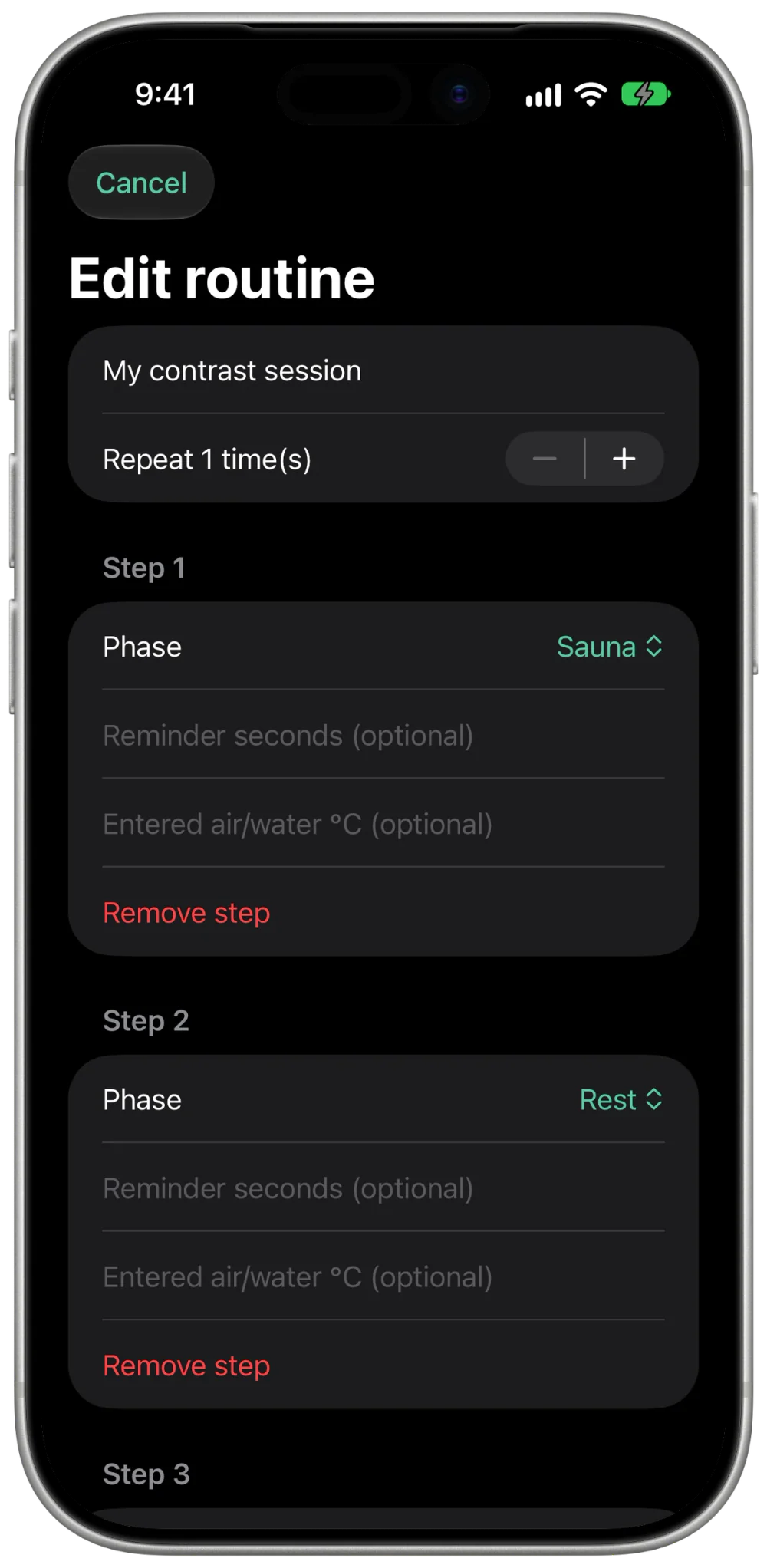 A saved sauna, rest and cold-water routine with optional reminders and repeat rounds