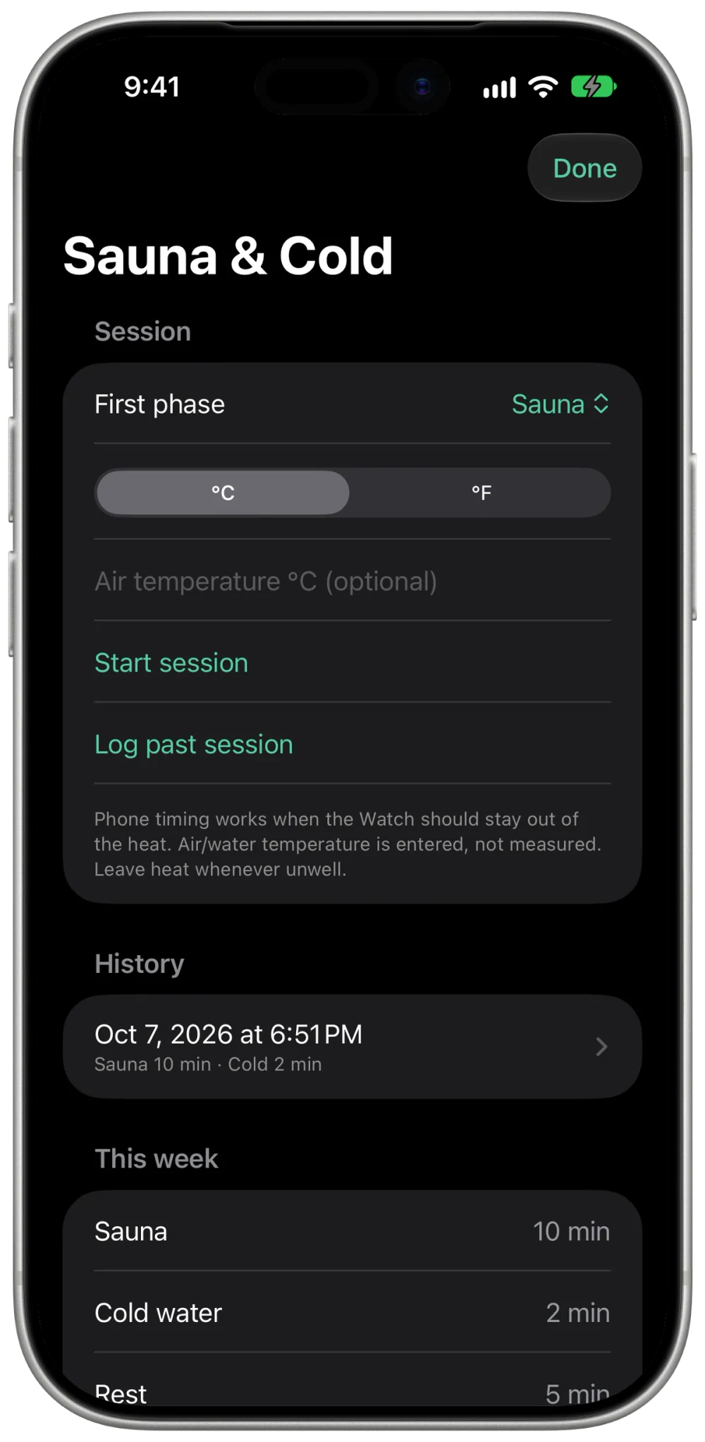 MyoAmigo Sauna and Cold: start a phase, enter temperature, and review session history