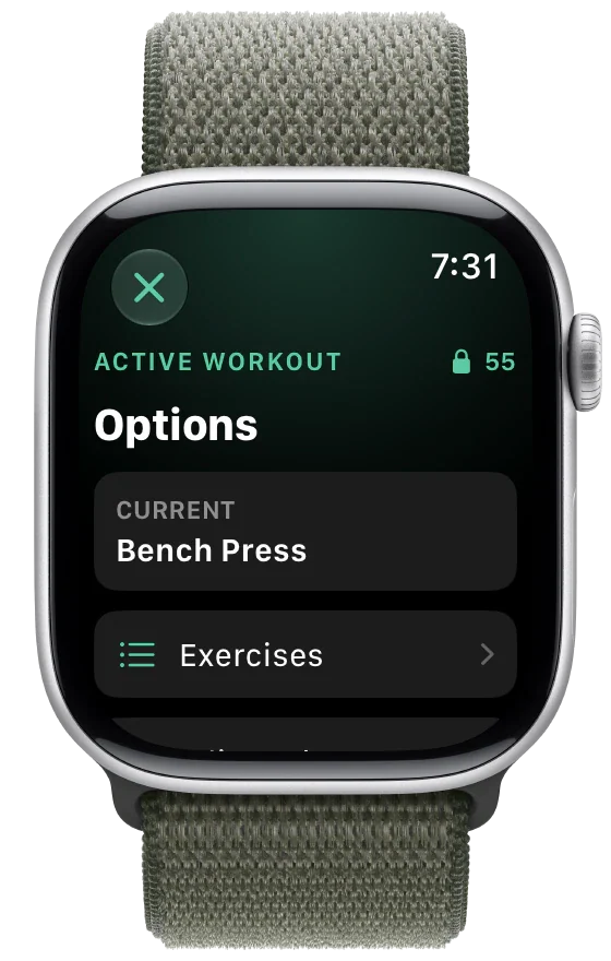 Workout-Optionen auf der Apple Watch: die aktuelle Übung, die Übungsliste und Spind 55 oben in der Ecke angeheftet